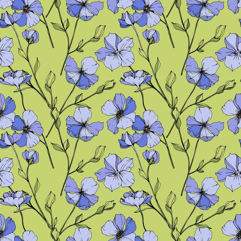 Motivo floreale verde chiaro con fiori blu sparsi e steli scuri.