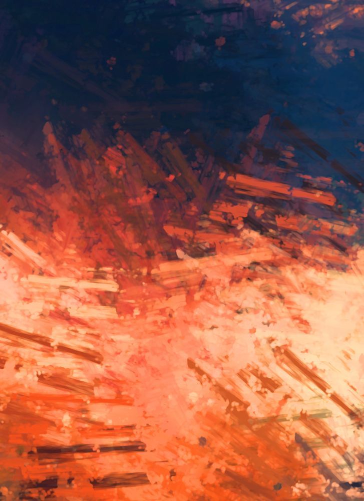 Dipinto astratto con parte superiore blu scuro e pennellate calde color arancio-rosso nella parte inferiore.