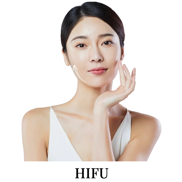 a woman in a white tank top is holding her hand to her face and the word hifu is below her