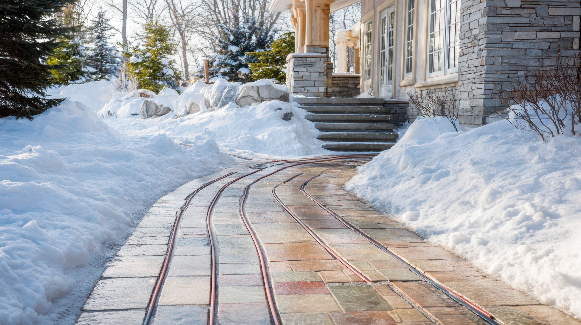 A person in a bright orange high-visibility vest uses a shovel to clear snow from a gravel area on a winter day.