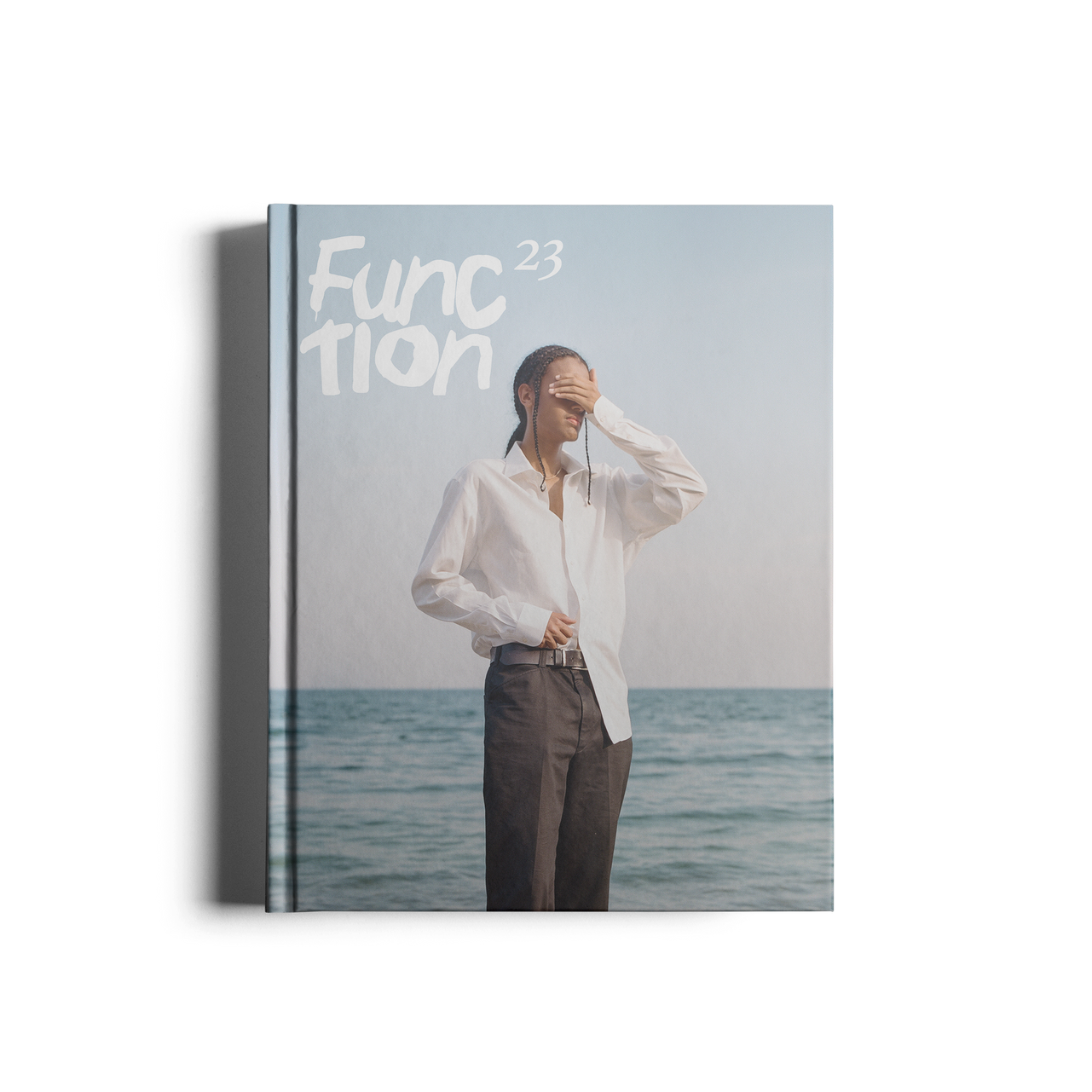 Magazine cover. Man in white shirt, brown pants, hand to face, by the sea. Title: Function 23. Blue, white.