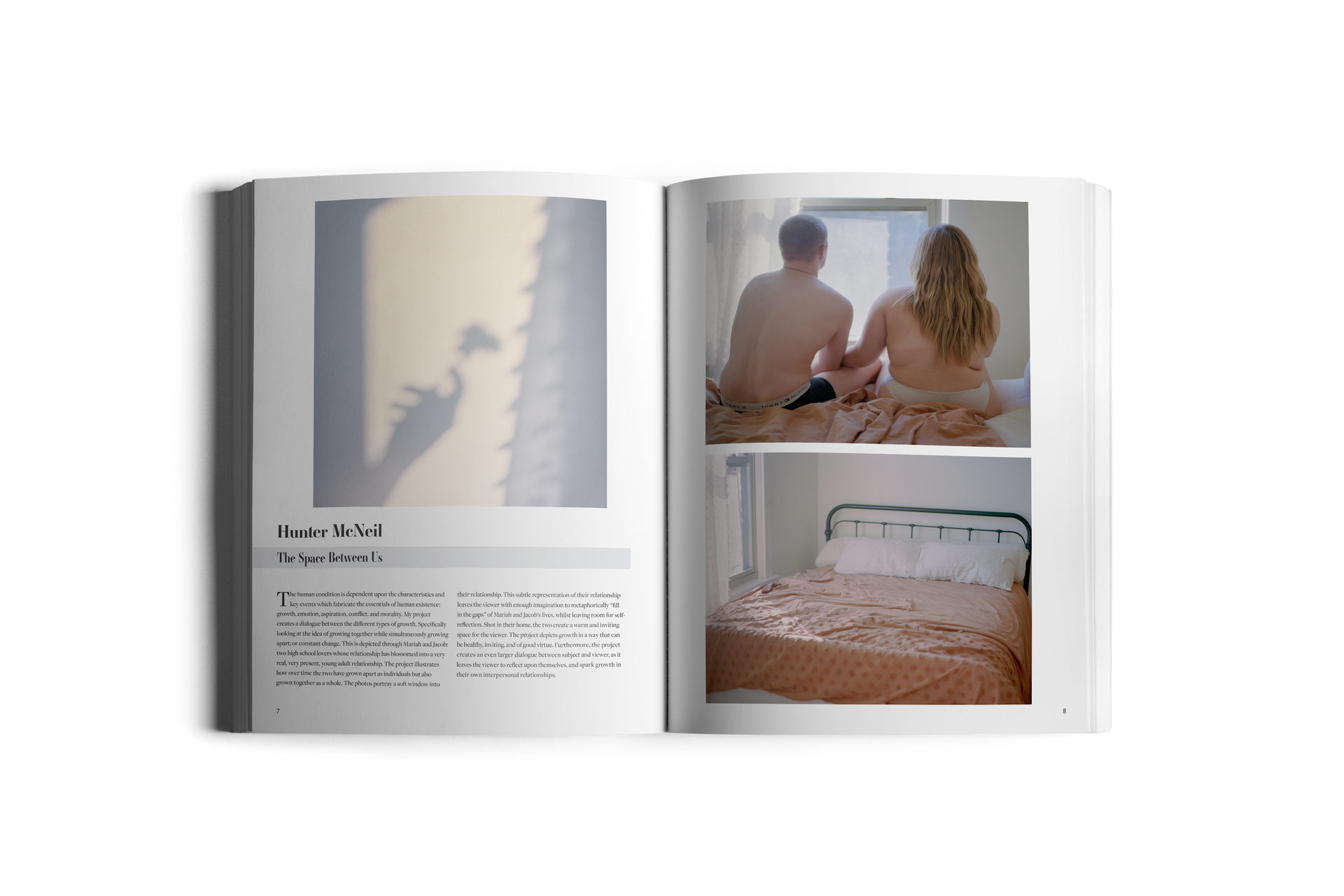 Open book with photos: a hand shadow with flower, and couple sitting on bed, bedroom.
