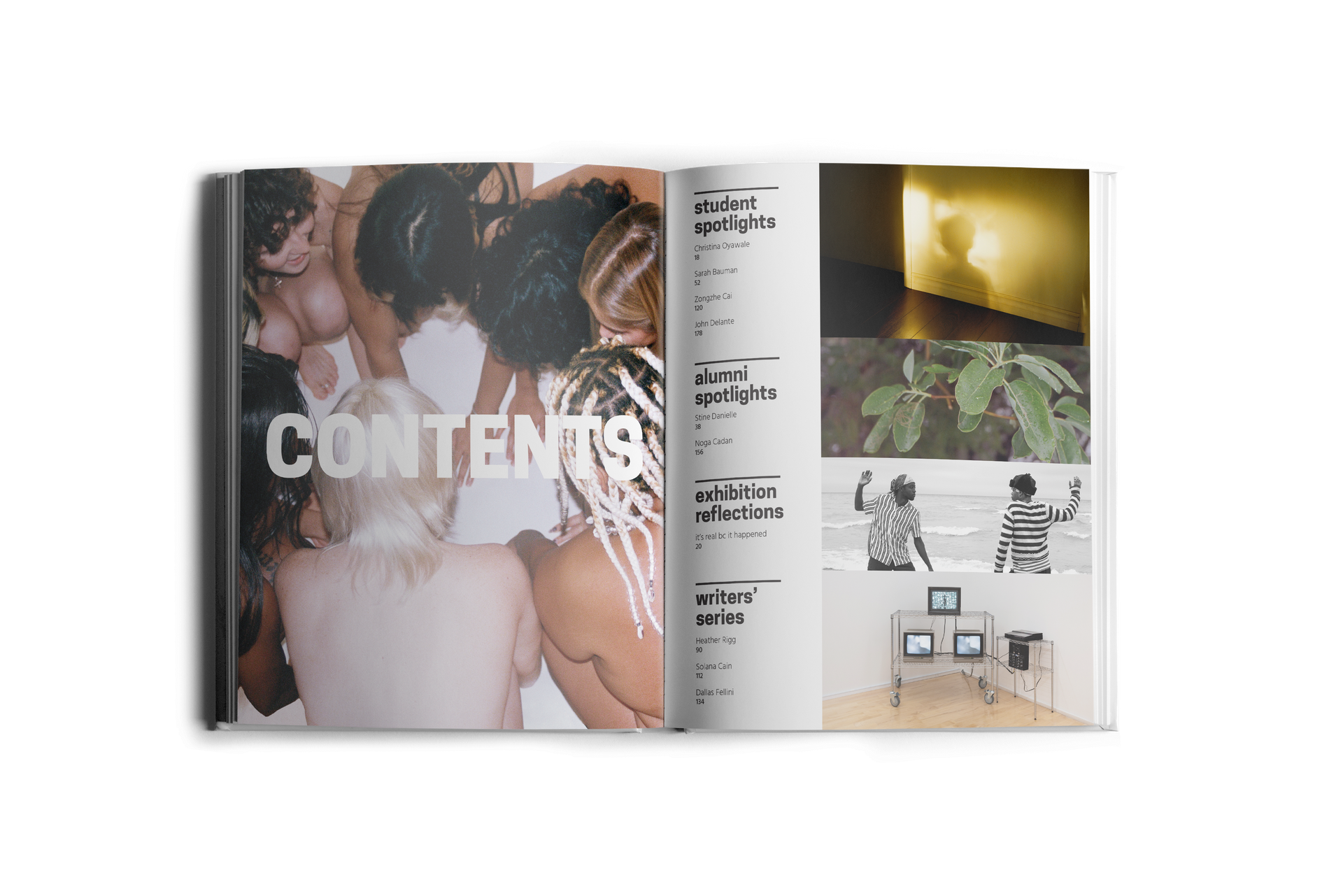 Open magazine spread with 