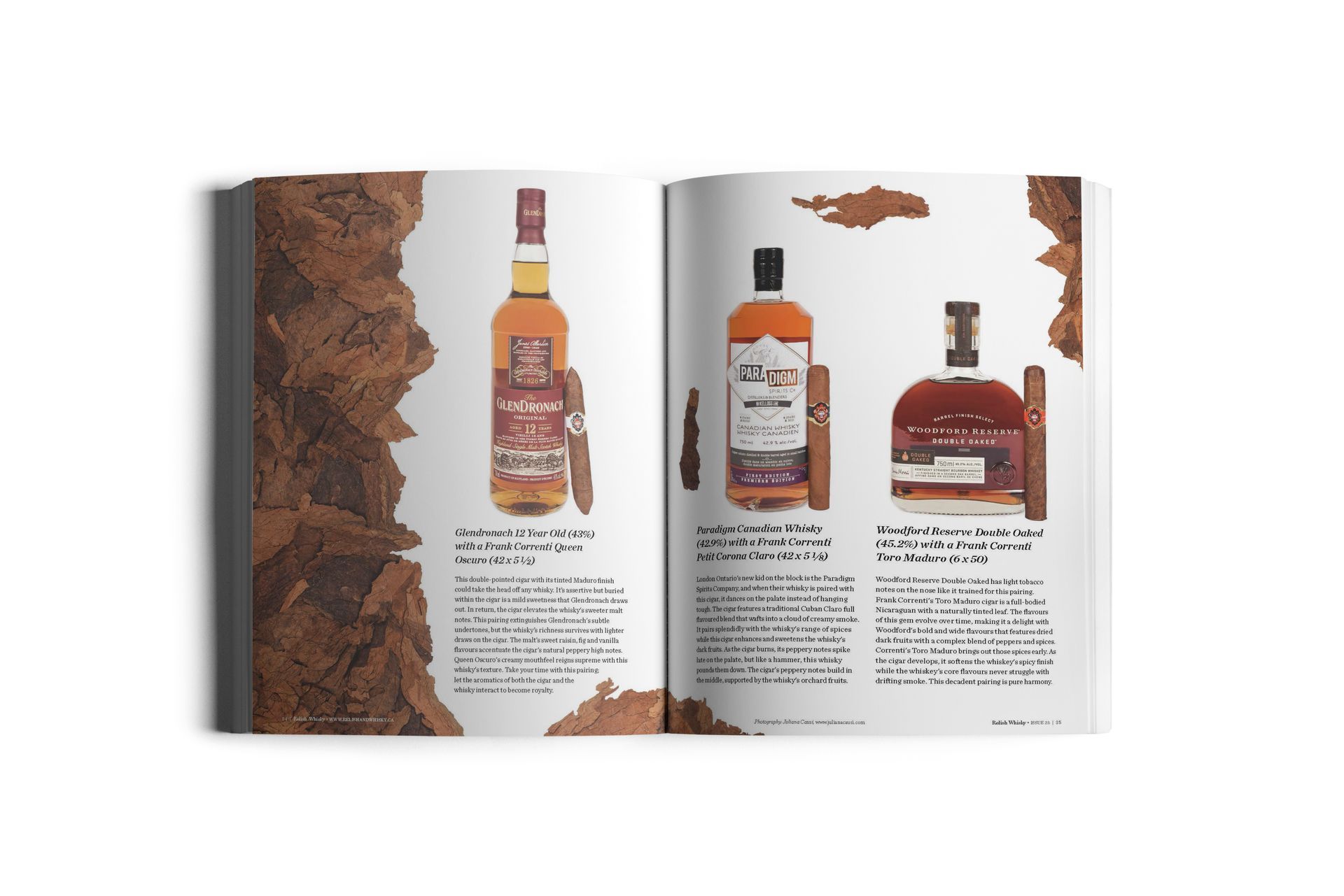 Magazine spread with liquor bottles and cigars; brown background.