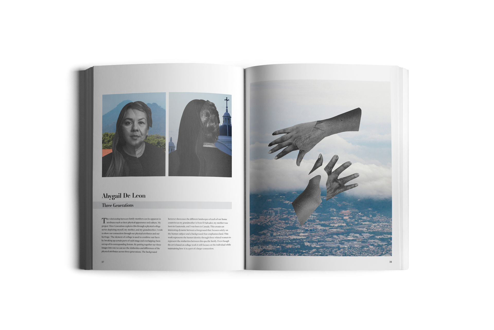 Spread of an open book. Left page: Two grayscale portraits. Right page: Hands superimposed over cityscape.