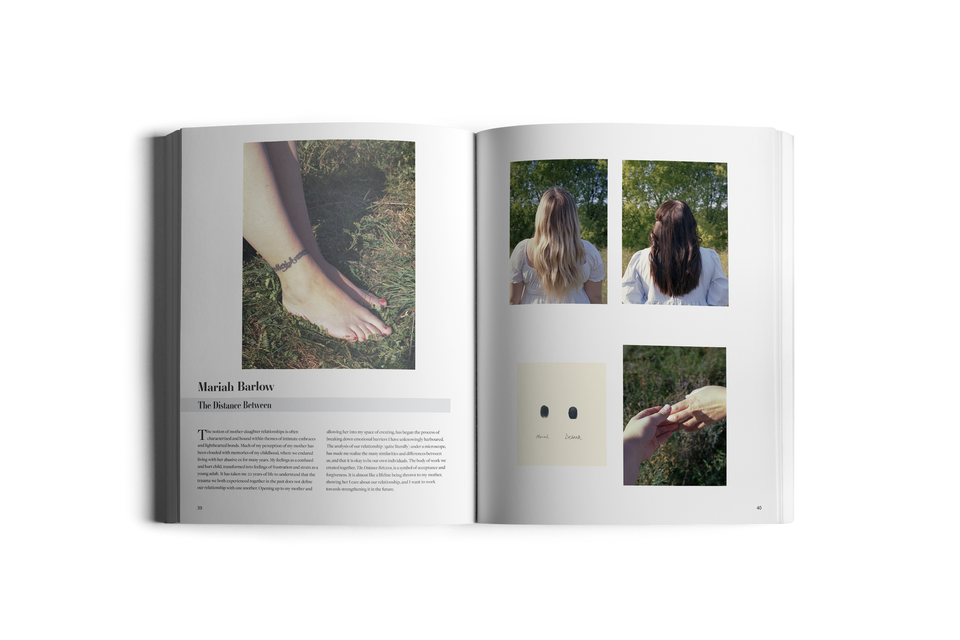 Open book: leg with ankle bracelet, hair shots, abstract design, and hand over foliage.