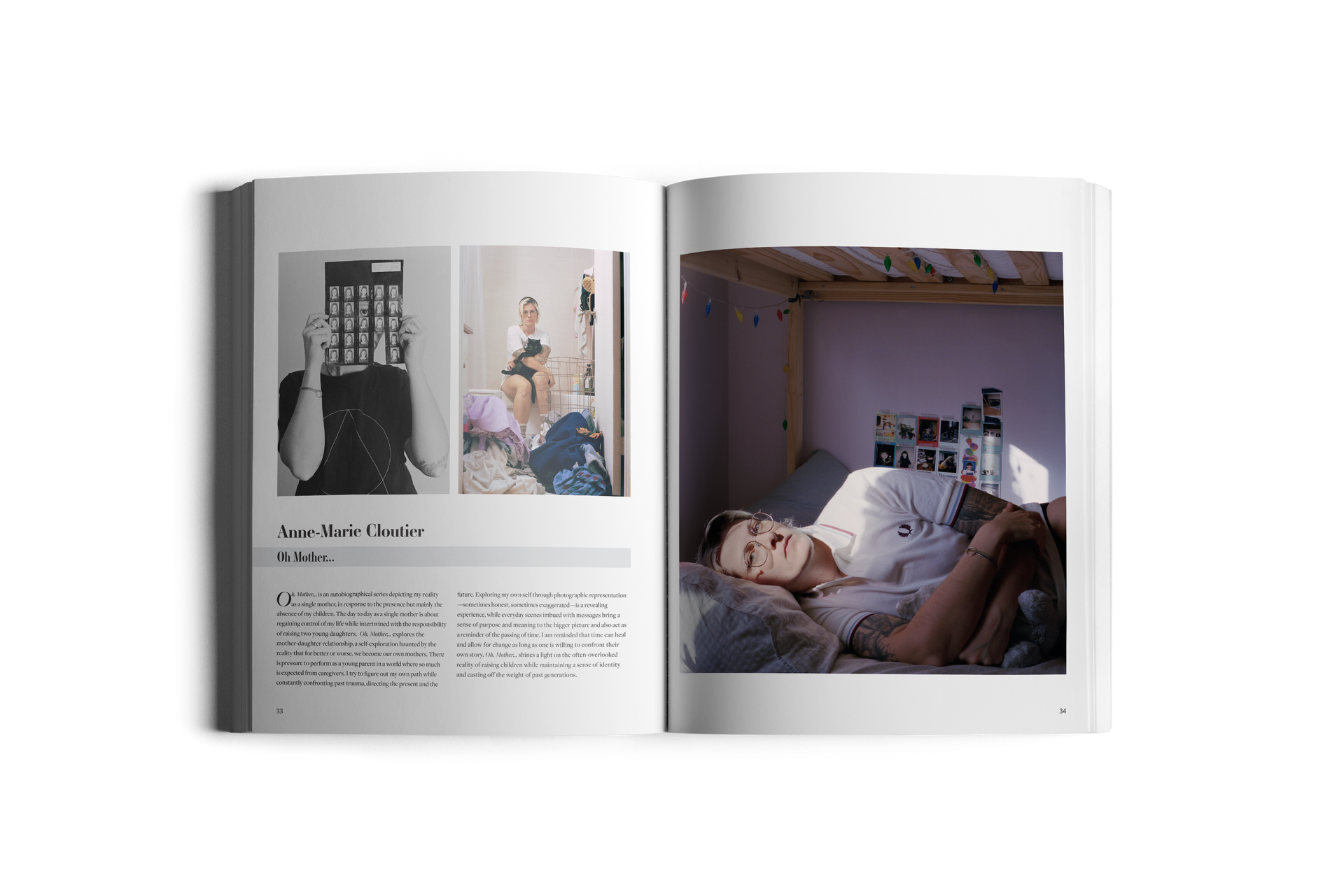 Magazine spread, two photographs. Left: Portrait, person with head covering. Right: Person resting in bed with sunlight.