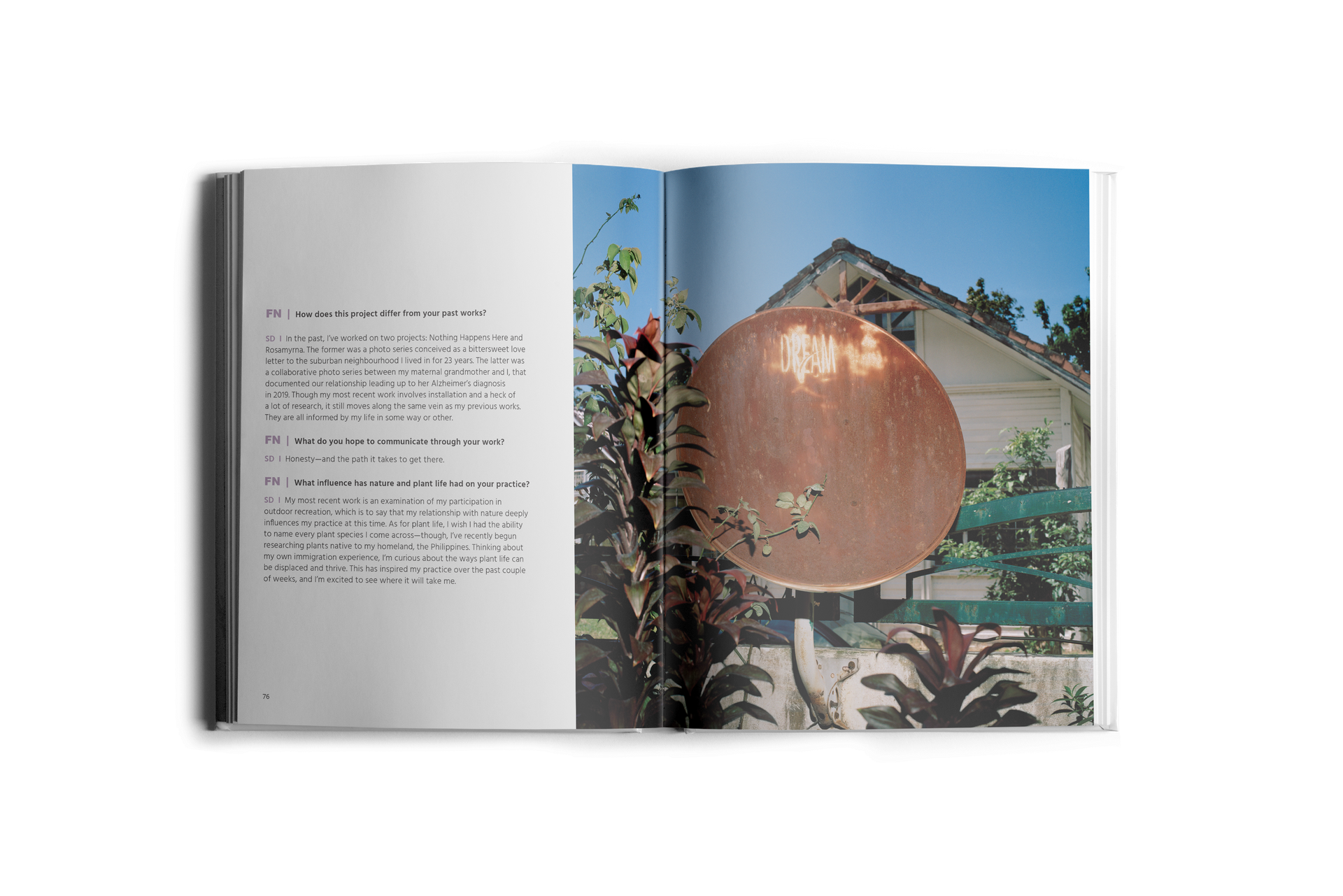 Open book spread: photograph of a weathered metal sphere with a house in the background and text on the left page.