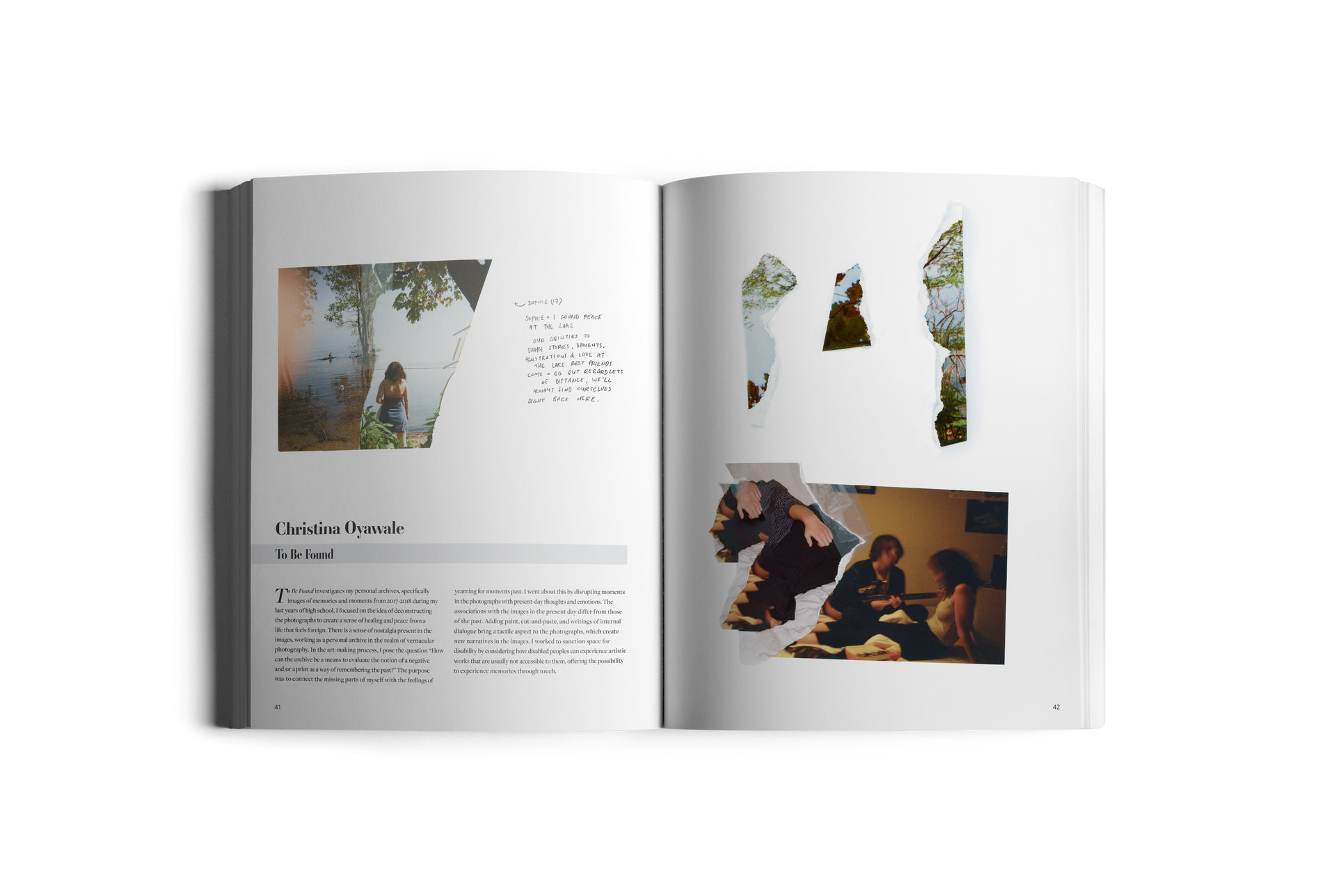 Open book: photos and text layout on white pages; collage of images including trees and figures.