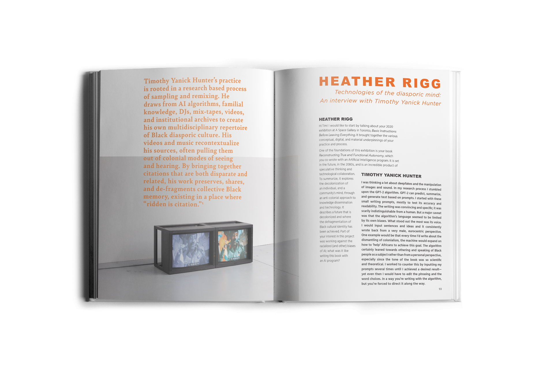 Spread in a book: left page has a photo of a clock. Right page, an article titled 