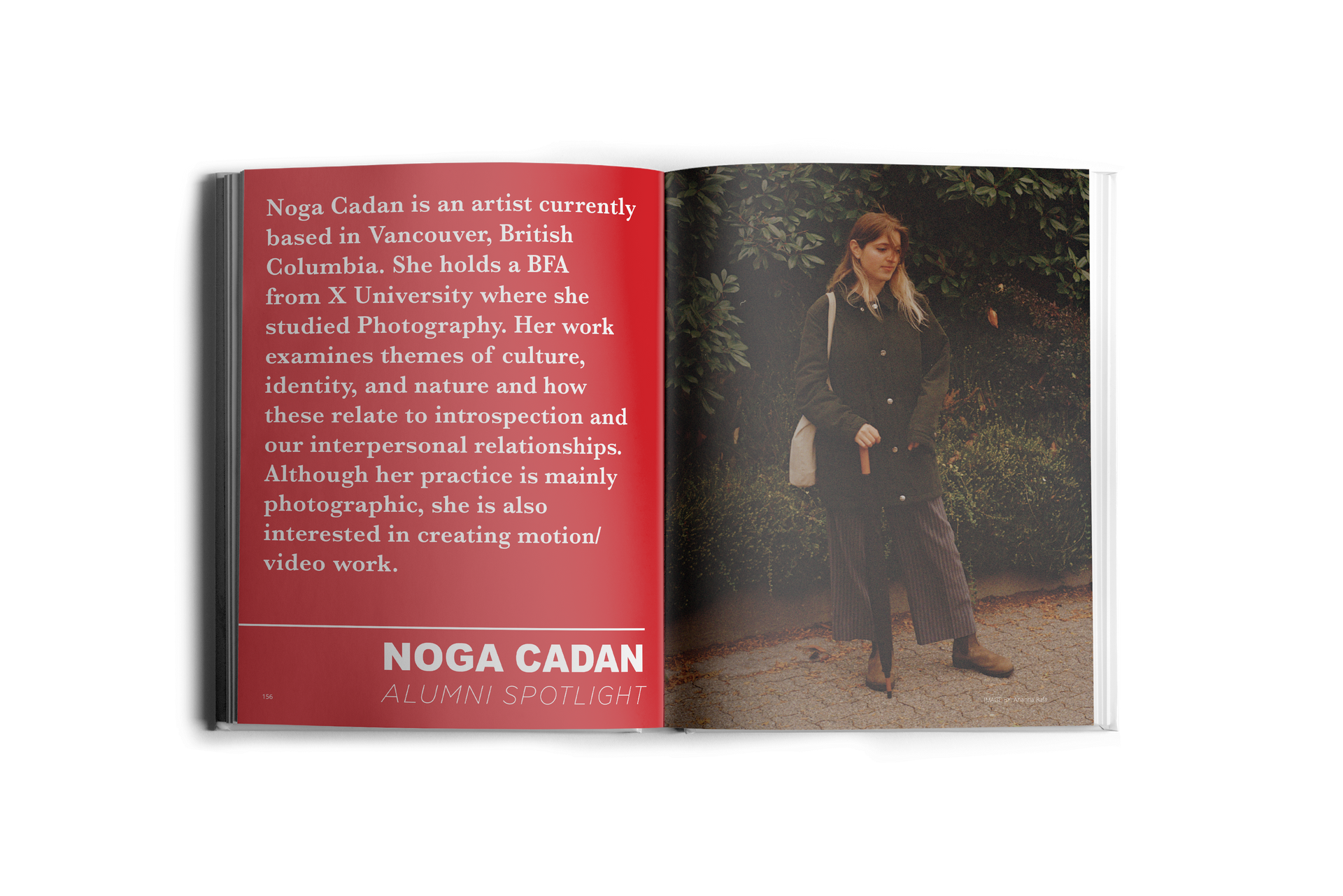 Open magazine spread: text about Noga Cadan on the left, woman's photo in forest on the right.
