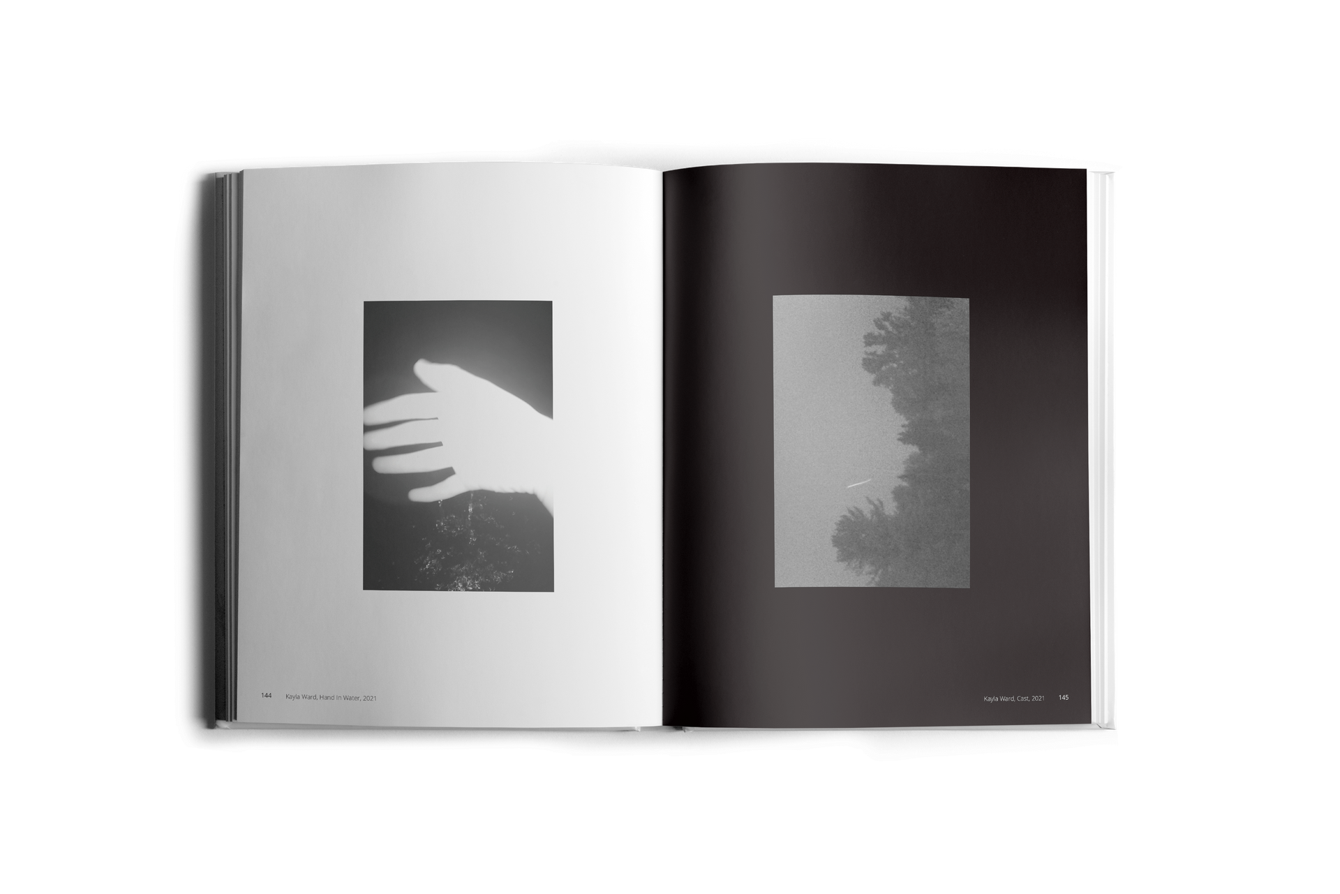 Open book with two black and white photographs: a hand silhouette and a tree-filled landscape.