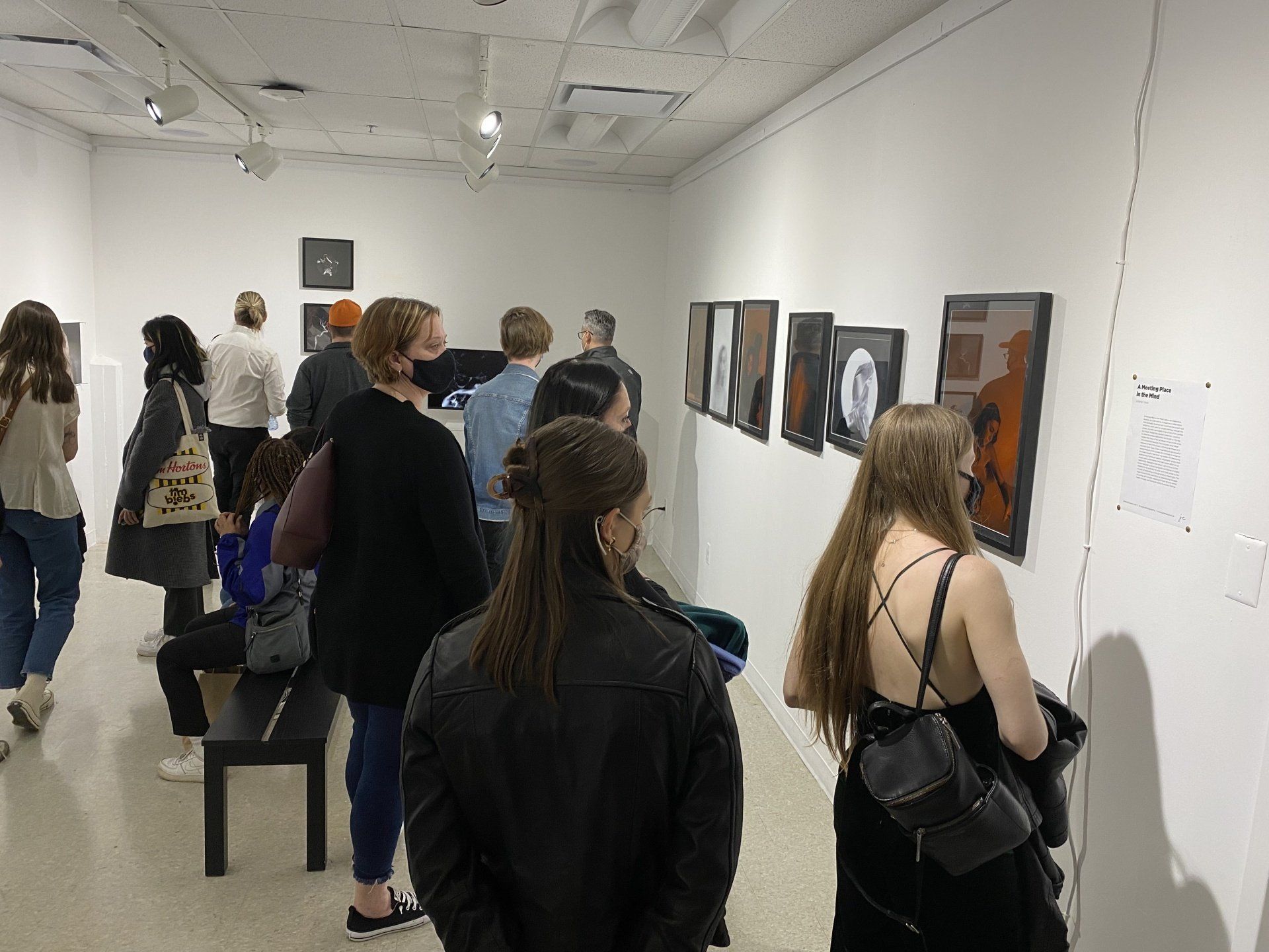 People viewing artwork in a gallery; white walls, framed pieces, and various individuals looking at art.