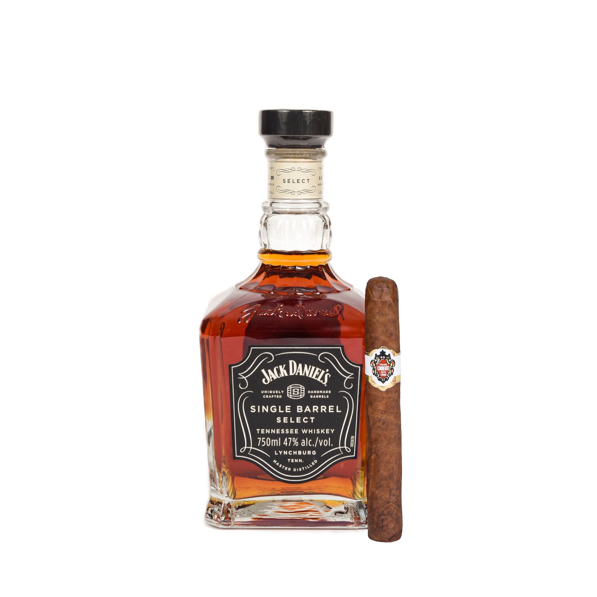 Jack Daniel's Single Barrel whiskey bottle and a cigar on a white background.