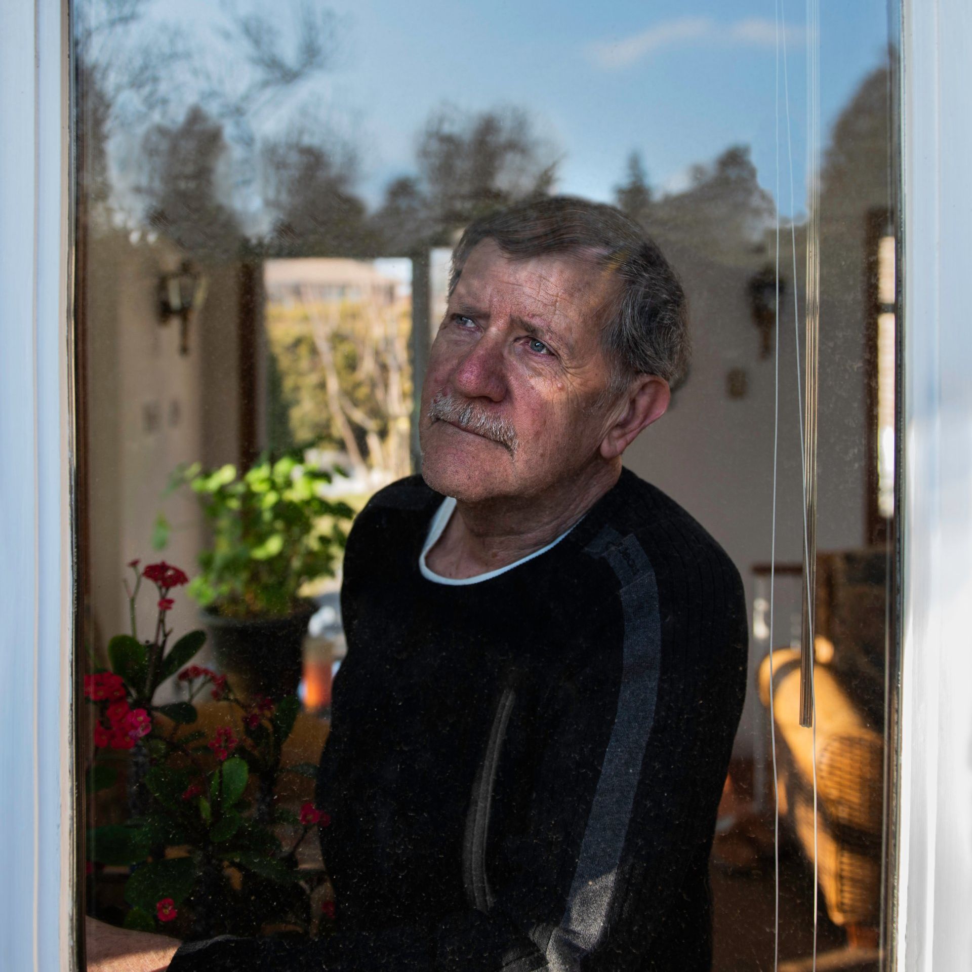 Man looking upward, framed by a window. Reflections of plants and a room visible. He wears a dark shirt.