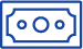 A simple blue outline icon of a rectangular bill or banknote featuring three circles in the center.