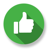 A thumbs up icon with a long shadow in a green circle.