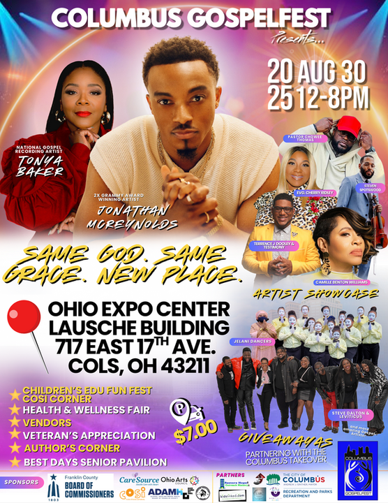 Columbus Gospelfest poster at Ohio Expo Center, Aug 25, 12–8 PM, with performers and event details