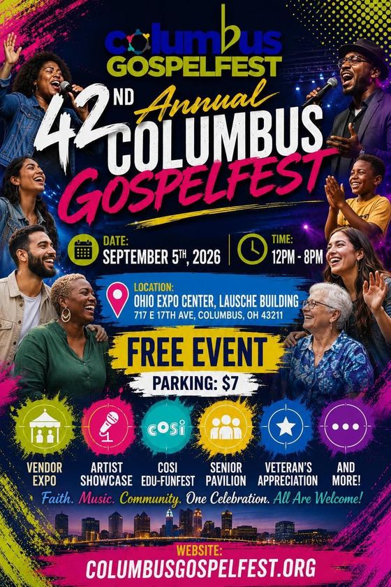 Columbus Gospelfest poster at Ohio Expo Center, Aug 25, 12–8 PM, with performers and event details