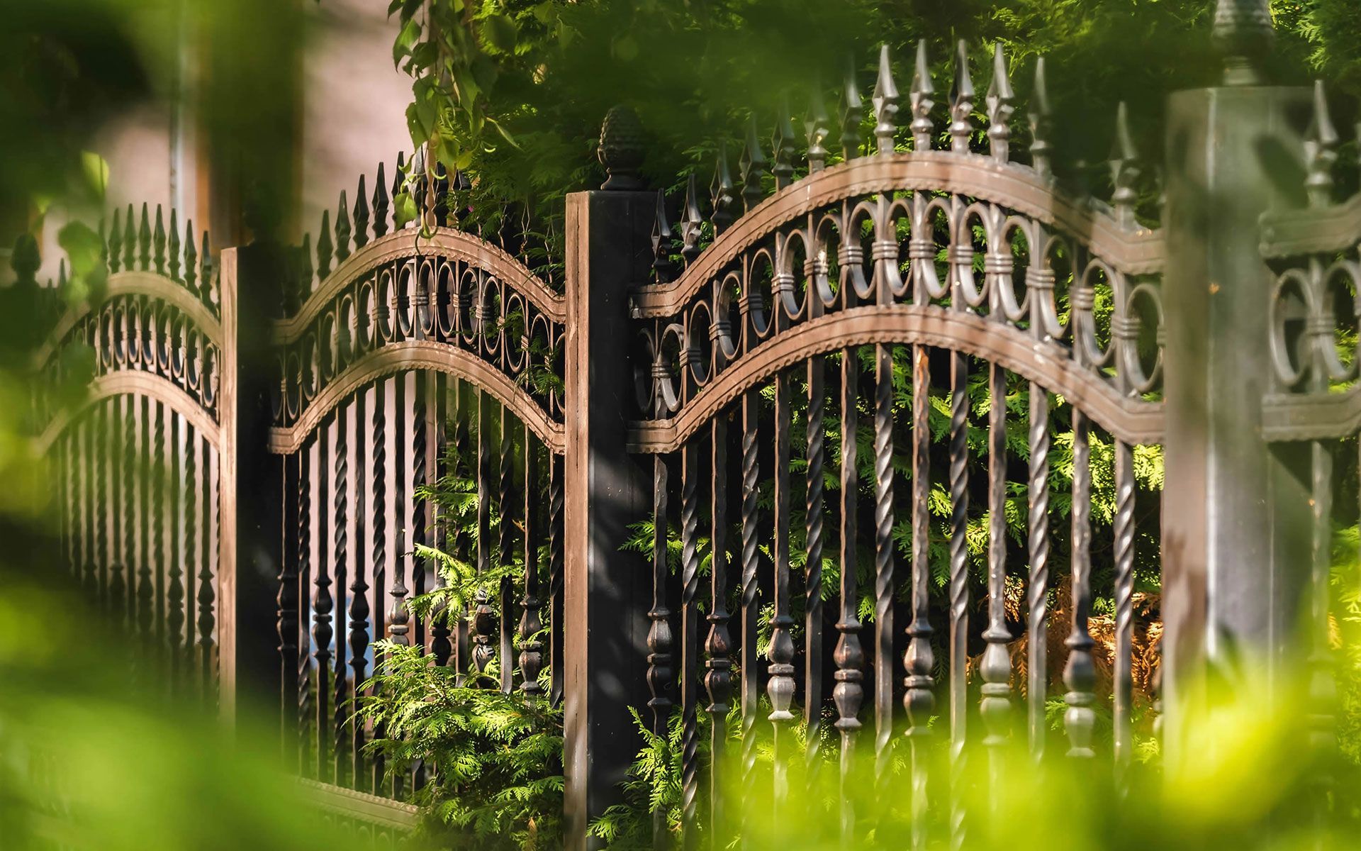A close up of a wrought iron fence with trees in the background.