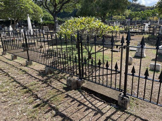 A wrought iron fence in a cemetery with trees in the background.