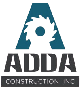 Logo for ADDA Construction Inc.: teal "A" with saw blade, gray text "ADDA," and "CONSTRUCTION INC" on a dark gray bar.