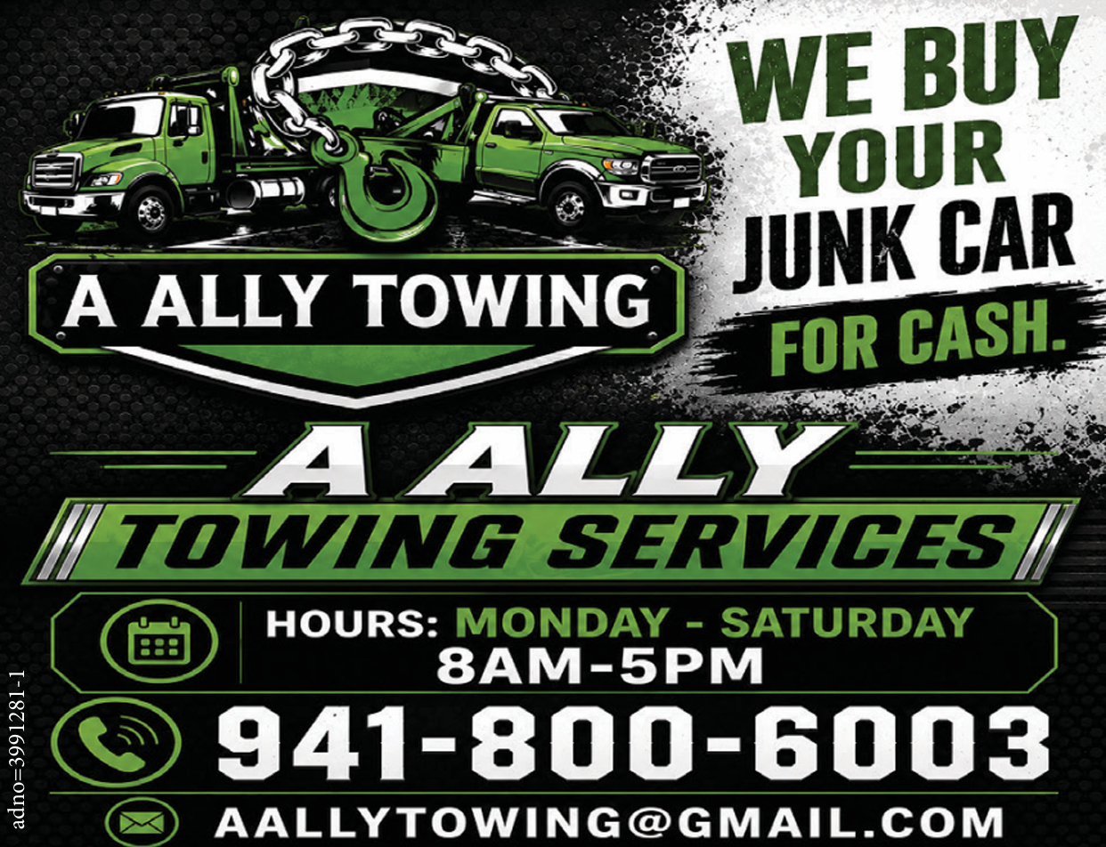 A Ally Towing Services ad: green tow truck,