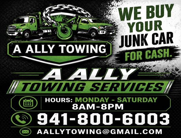 A Ally Towing Services ad: green tow truck, 