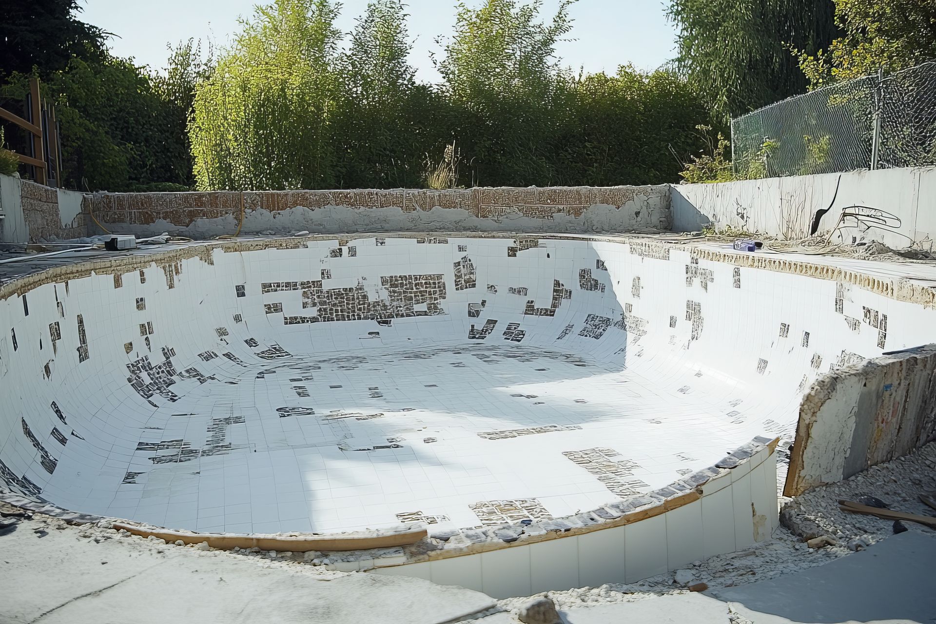 An empty swimming pool with trees in the background