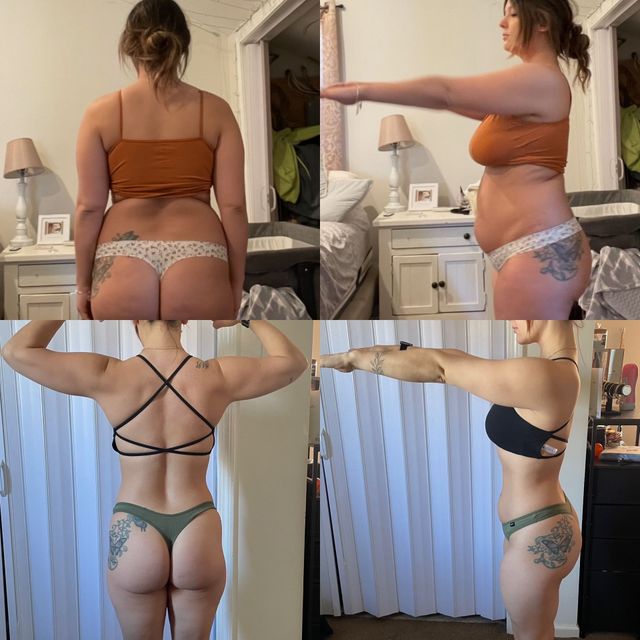 A collage of four pictures of a woman in a bikini