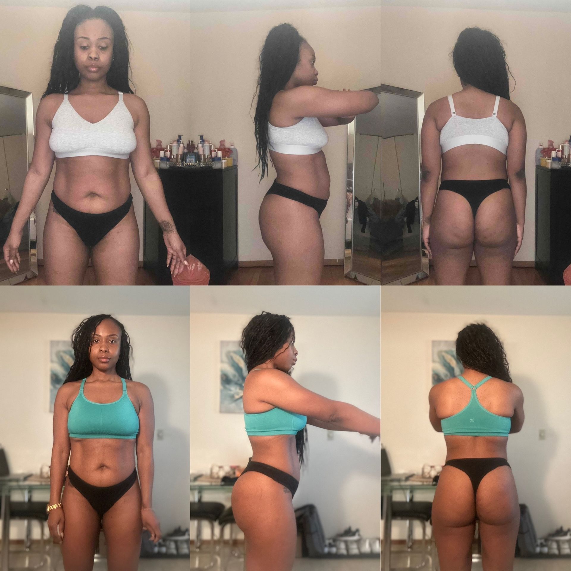 A collage of four pictures of a woman in bikinis