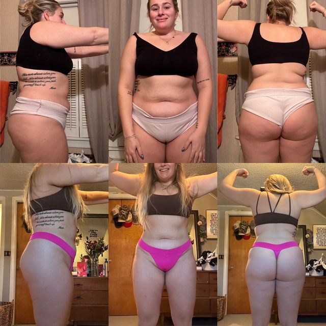 A woman in pink underwear is flexing her muscles in a collage of photos.