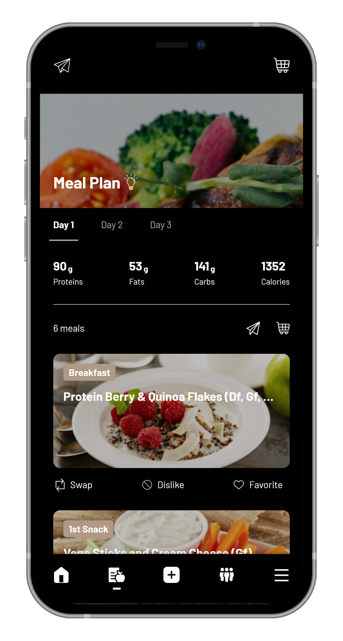 A cell phone with a meal plan app on it.