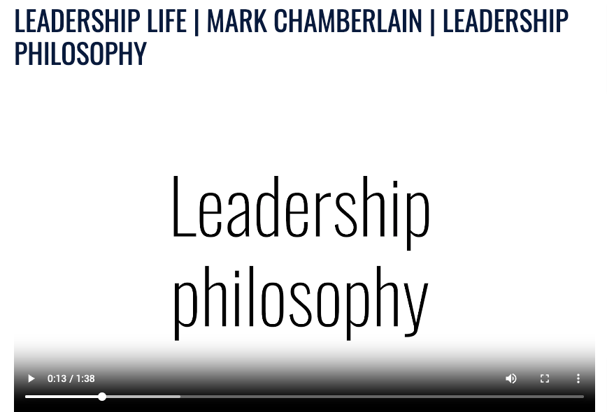 Slide titled “Leadership philosophy” on a white background with a video player at the bottom.