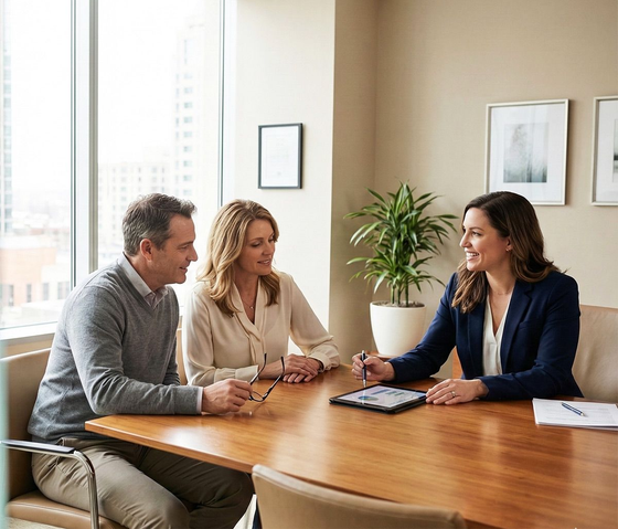 Advisor meeting with a couple to review life insurance options and coverage needs