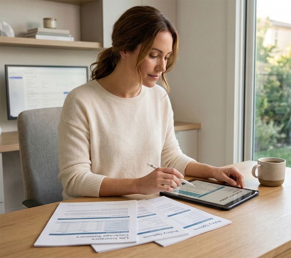 Client reviewing life insurance policy information on a tablet