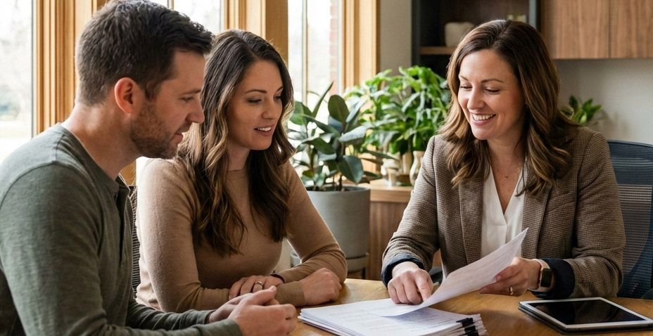 Future Point Insurance Services consultation Insurance advisor reviewing life insurance paperwork with a couple