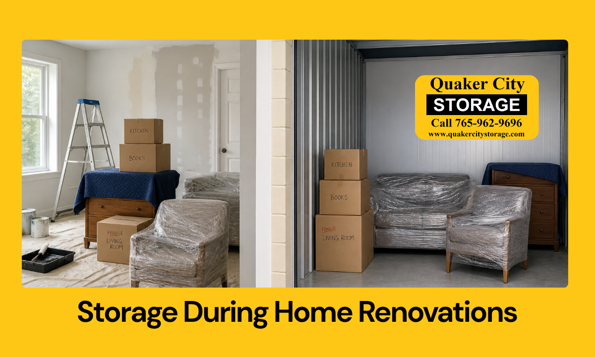 Furniture and boxes moved into storage unit during a home renovation project