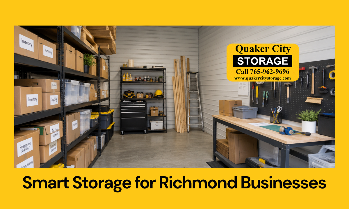 Organized storage unit with inventory, shelves, and tools for a Richmond IN business