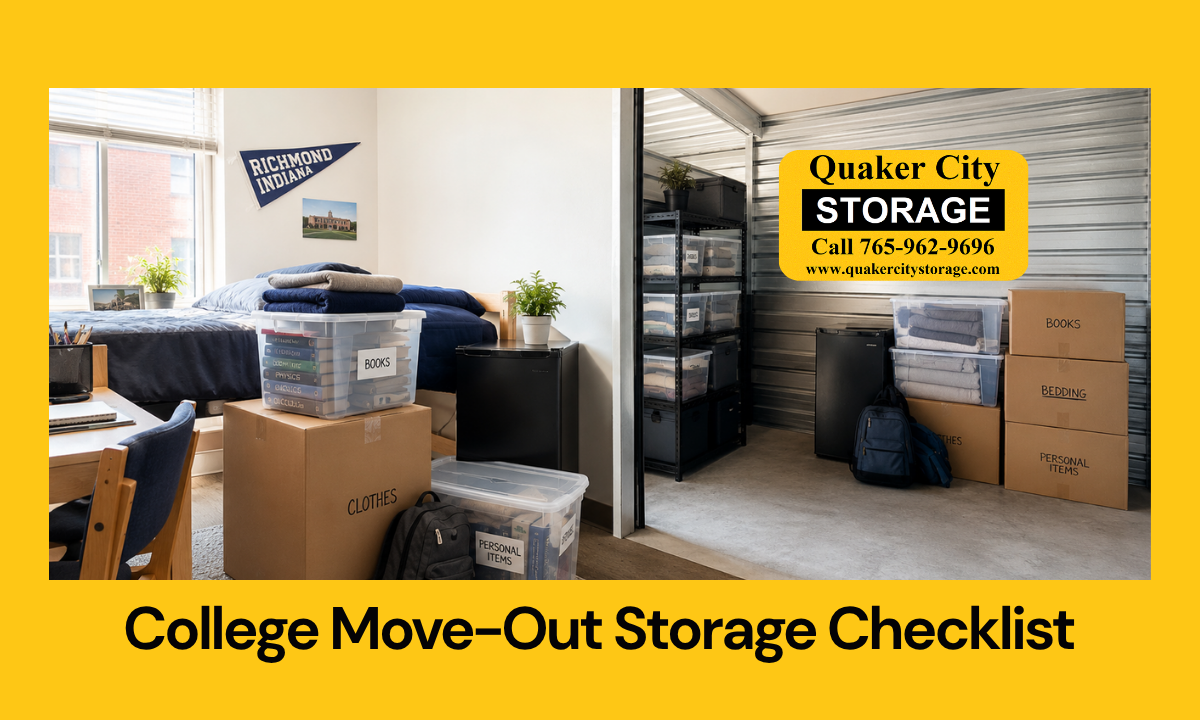 Dorm boxes, bedding, and bins organized for college move-out and summer storage
