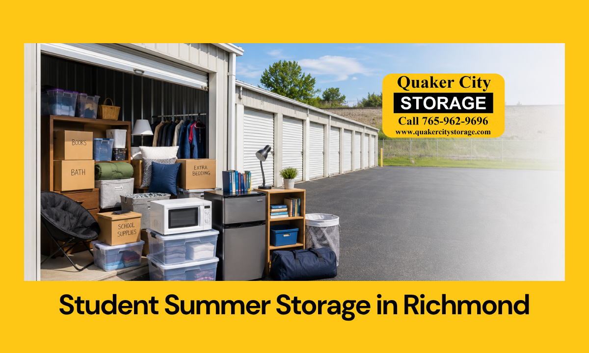 College student boxes, bedding, and dorm items organized near storage unit in Richmond IN