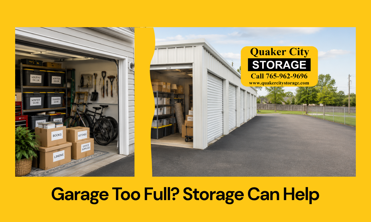 Garage overflow items organized into bins and boxes for storage in Richmond IN