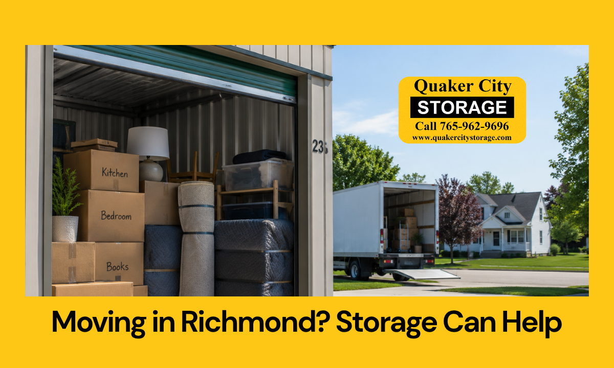 Moving boxes and wrapped furniture organized inside a Richmond IN storage unit
