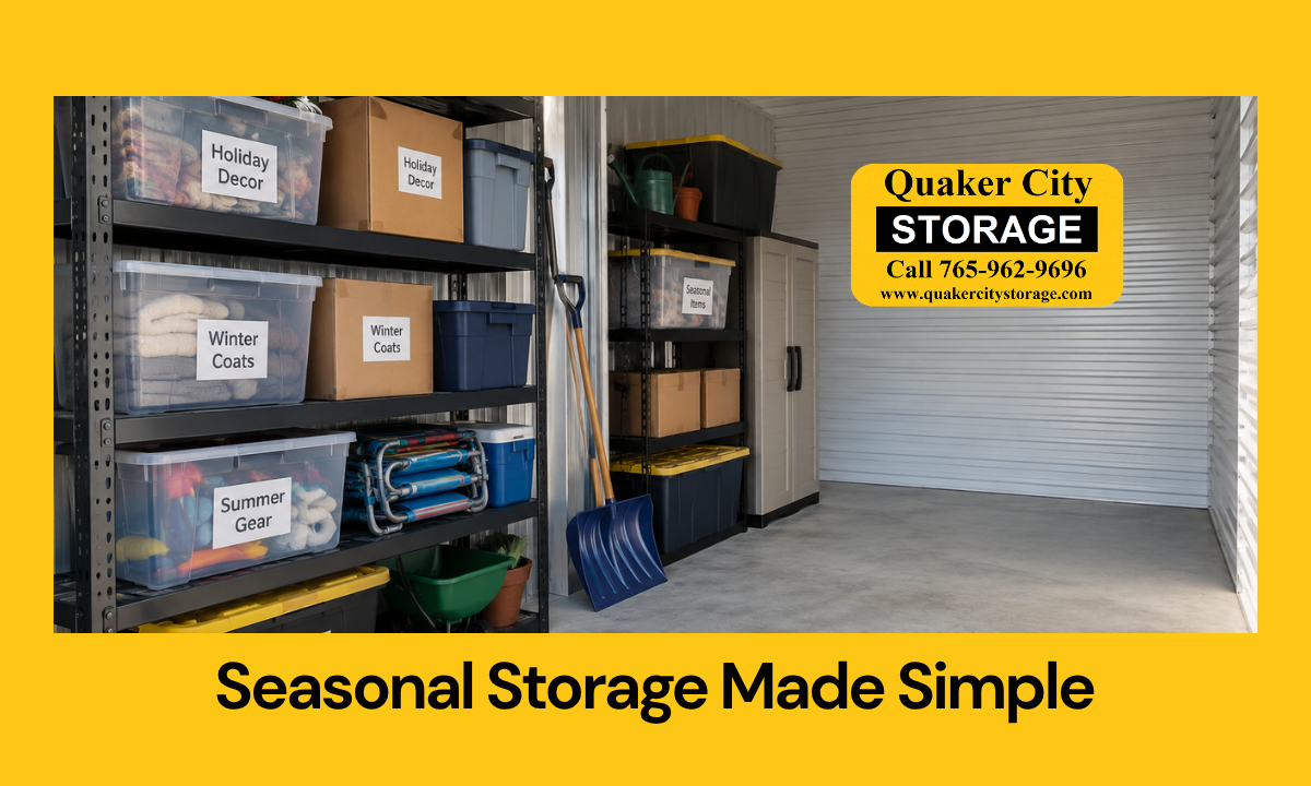 Seasonal storage bins and holiday items organized inside a Richmond IN storage unit