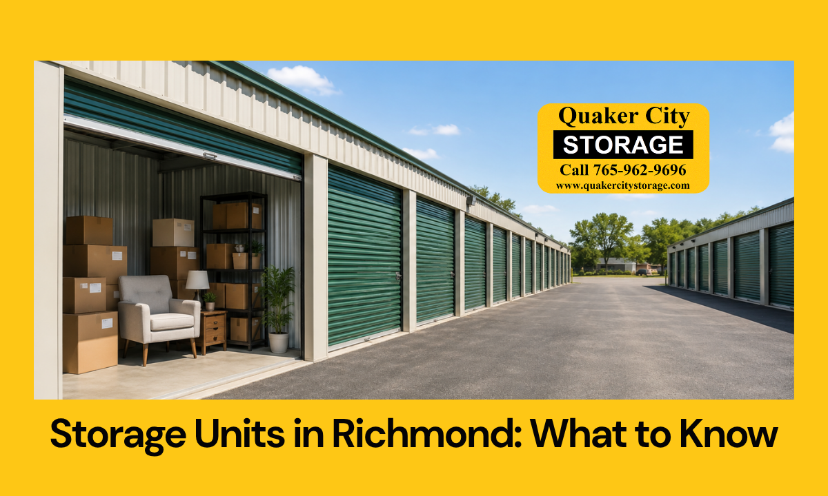 Open storage unit with boxes and furniture at a Richmond IN self storage facility
