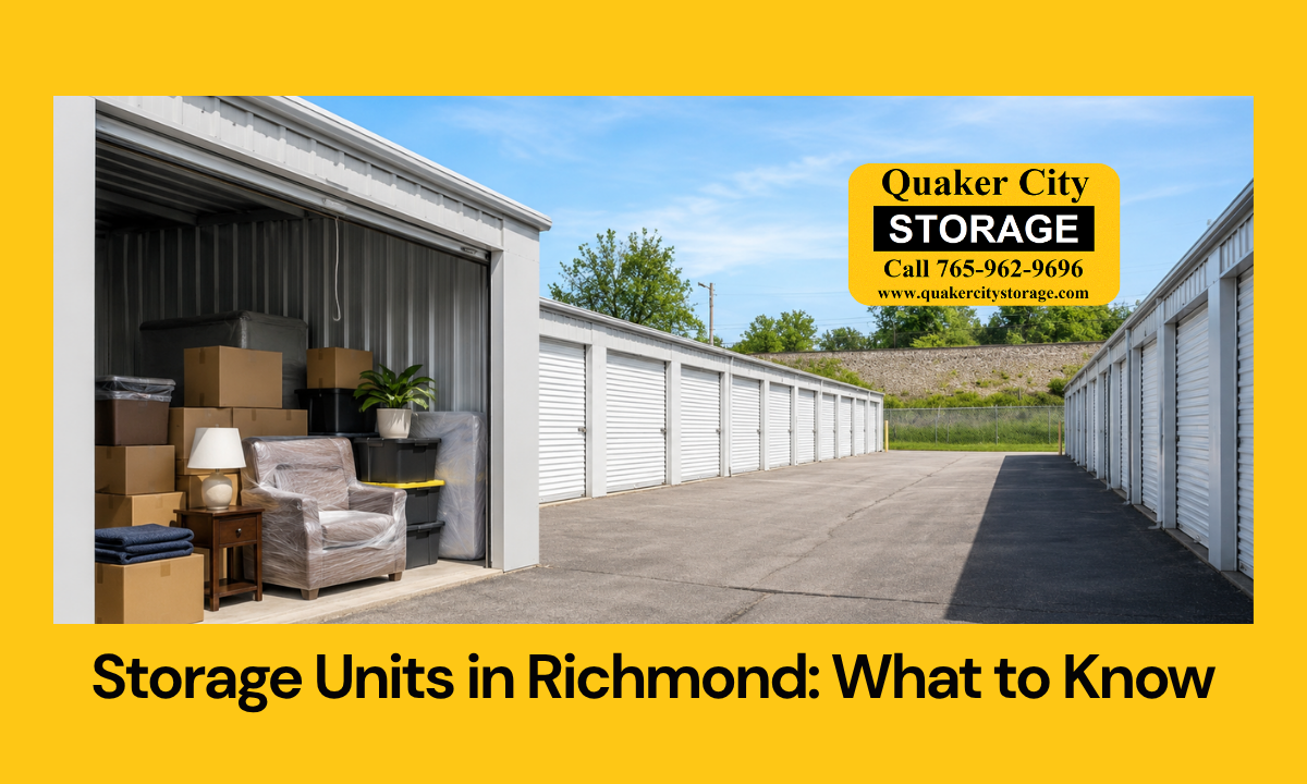 Open storage unit with boxes and furniture at a Richmond IN storage facility