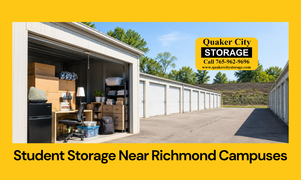Student boxes, bins, and dorm items organized near a storage unit in Richmond IN