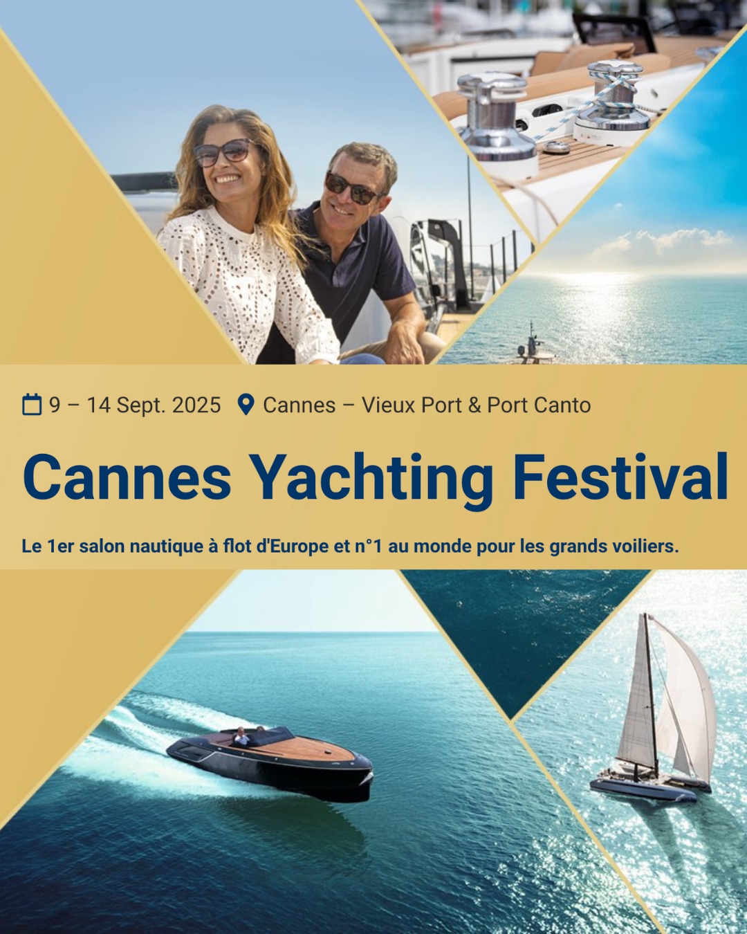 Manifesto promozionale per il Cannes Yachting Festival, con immagini di yacht e persone in acqua, date e luogo dell'evento.