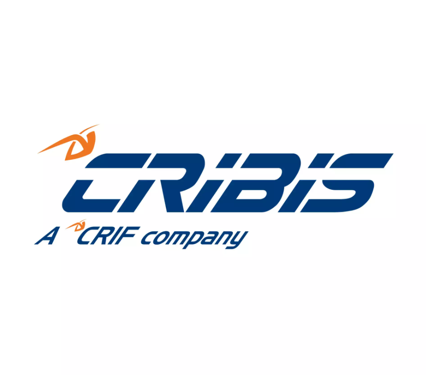 Logo per CRIBIS, un'azienda del gruppo CRIF, caratterizzato da testo blu scuro con un accento grafico arancione sopra la prima lettera.