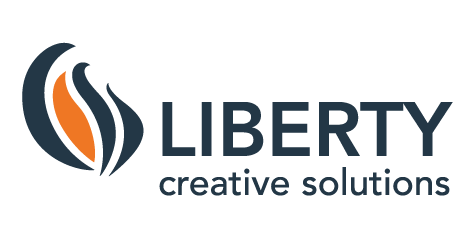 Liberty Creative Solutions logo with orange and blue abstract swoosh icon and gray text